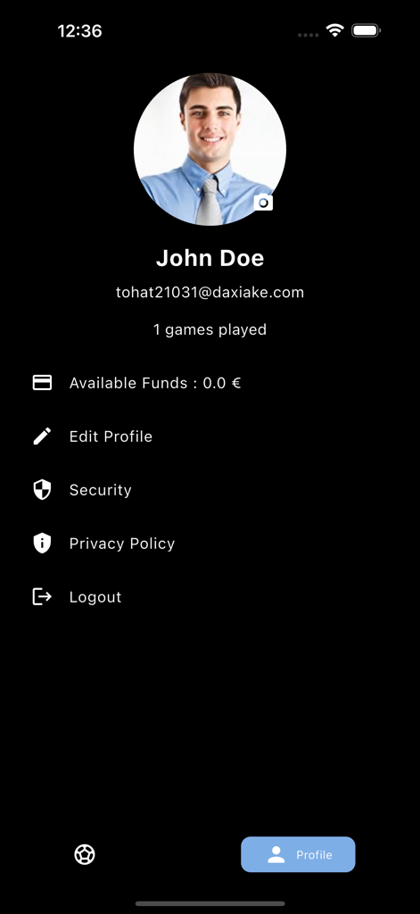 Benutzerprofilseite der City Football App, die Kontodetails und Einstellungen anzeigt.