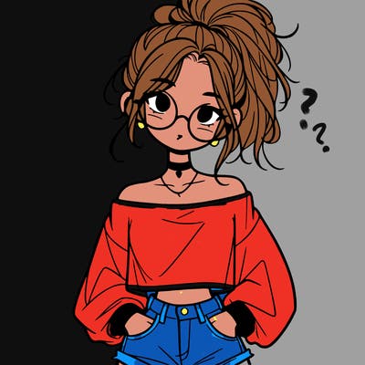 girl with a messy ponytail glasses a baggy crop top and jean shorts