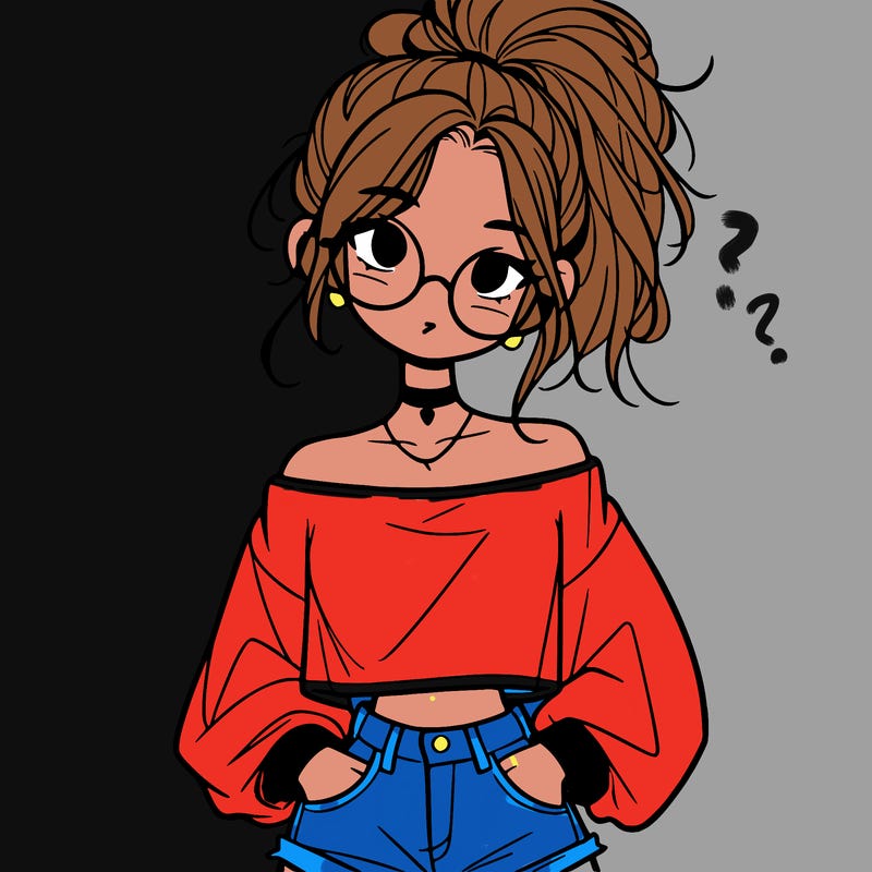 girl with a messy ponytail glasses a baggy crop top and jean shorts