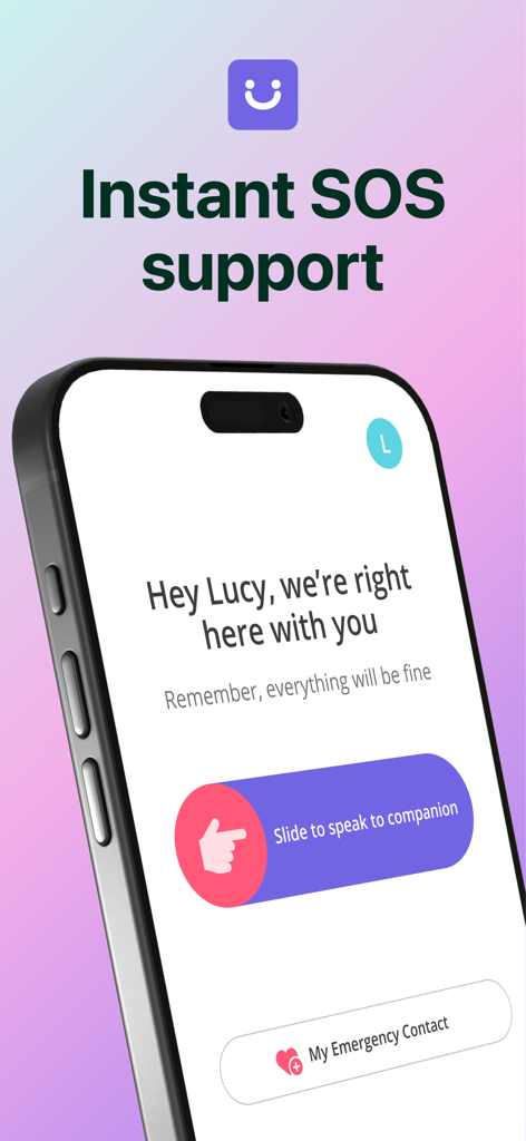 Companion - Anxiety Relief - Un teléfono móvil mostrando la interfaz de la aplicación Companion con el encabezado Soporte SOS instantáneo y un control deslizante para hablar con un compañero de IA