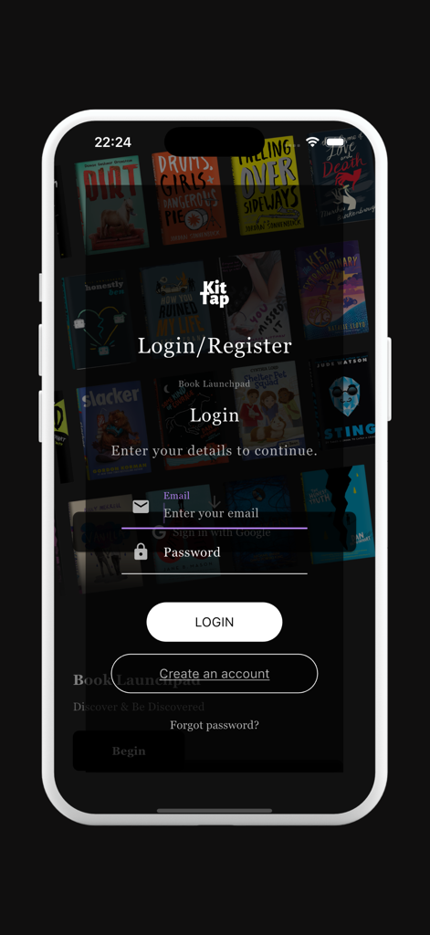Kittap - Read & Write Books - Login and registration screen of the Kittap app with a background of various book covers