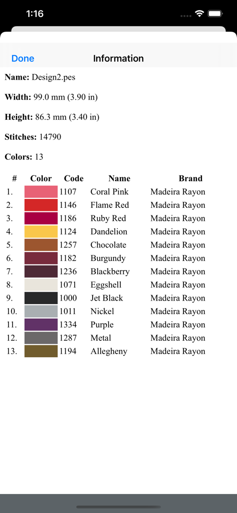 Stitch Viewer Pro - Screen showing embroidery design specifications and a detailed thread color list with Madeira Rayon codes