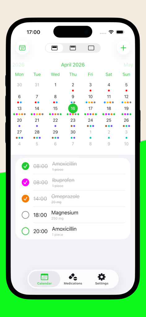 Pill – Medication Reminder - MedKee app interface displaying a monthly calendar and a daily list of medications with status indicators