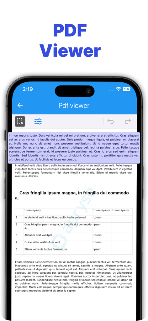 PDFビューアアプリで強調表示されたテキストを含むPDF文書を示すスマートフォンの画面