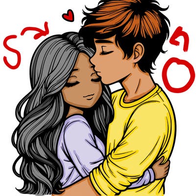 a realistic couple boy and girl hugging and kissing