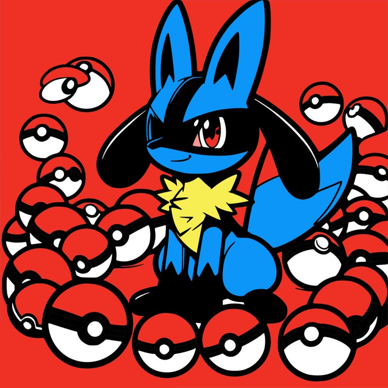 lucario with pokeballs around it