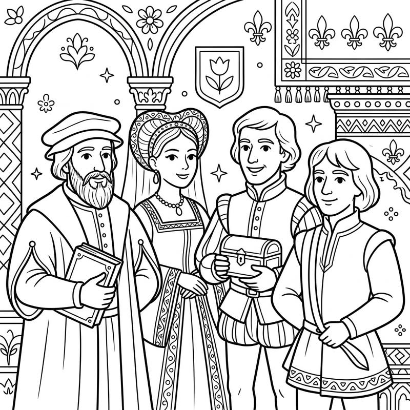 Meet historical figures in this engaging Renaissance portraits coloring page designed just for kids. It's a wonderful way to introduce young learners to art and history through the joy of coloring.