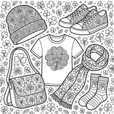 Unleash your creativity with this delightful coloring page featuring an array of festive shamrock apparel. Perfect for getting into the spirit of St. Patrick's Day, this design offers intricate details for hours of coloring enjoyment.