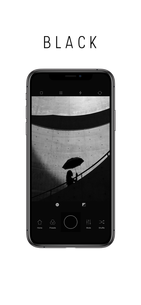 Blackie app interface on an iPhone displaying a minimalist black and white street photograph