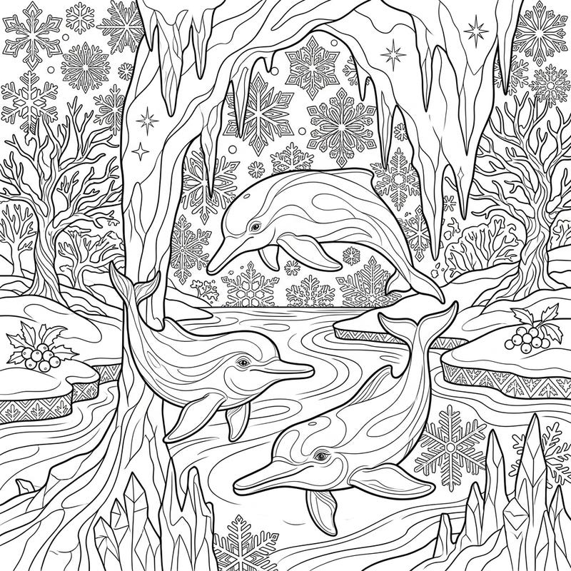 Embark on a unique coloring adventure where graceful pink river dolphins navigate a stunning winter wonderland. This intricate design features dazzling snowflakes and enchanting icy elements, perfect for bringing a cool, serene scene to life.