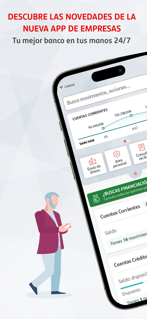 Un smartphone mostrando la interfaz de la aplicación móvil Santander Empresas con saldos de cuentas de empresa y herramientas de gestión financiera