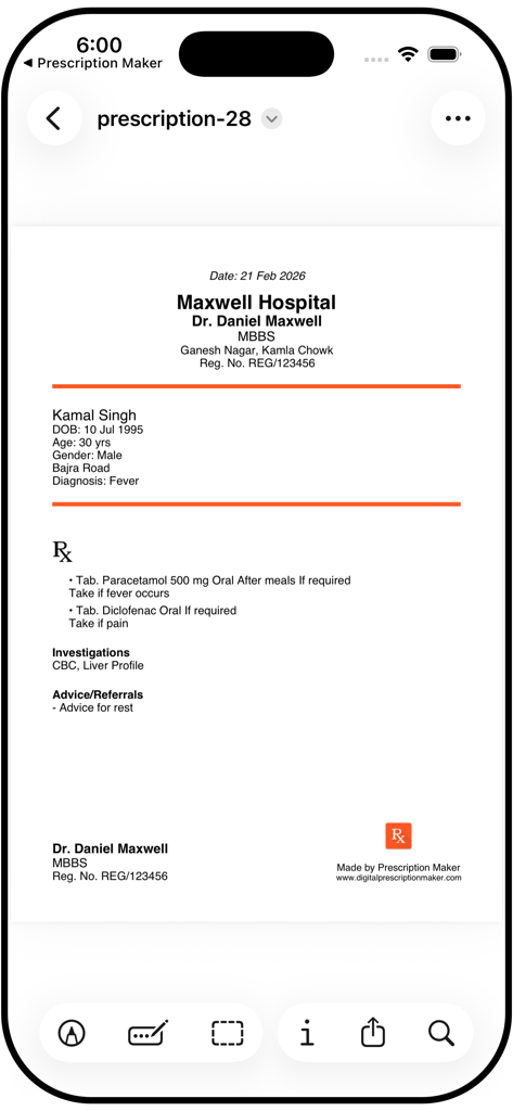 Digital Prescription Maker - Sample digital prescription on a mobile app featuring doctor information, patient diagnosis, and prescribed medications
