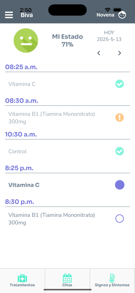 Biva Recordatorio Medicamentos - Pantalla de la aplicación móvil Biva mostrando un horario diario de medicamentos y porcentaje de adherencia en español