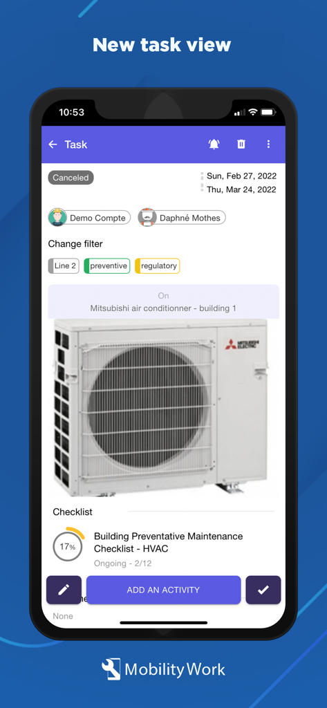 Mobility Work - L'application mobile Mobility Work montrant une vue de tâche de maintenance avec une photo d'unité CVC et une liste de contrôle préventive.
