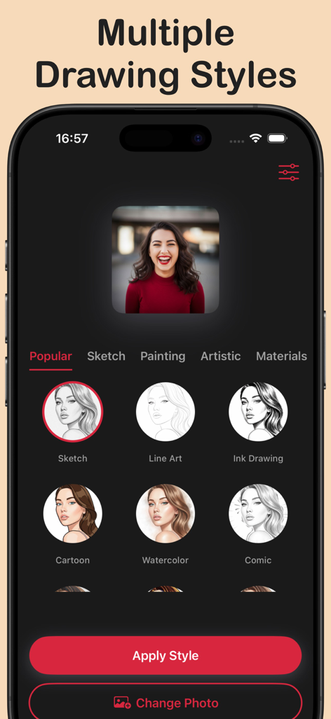 Mobile app interface showing various artistic drawing styles like sketch and cartoon for a portrait photo