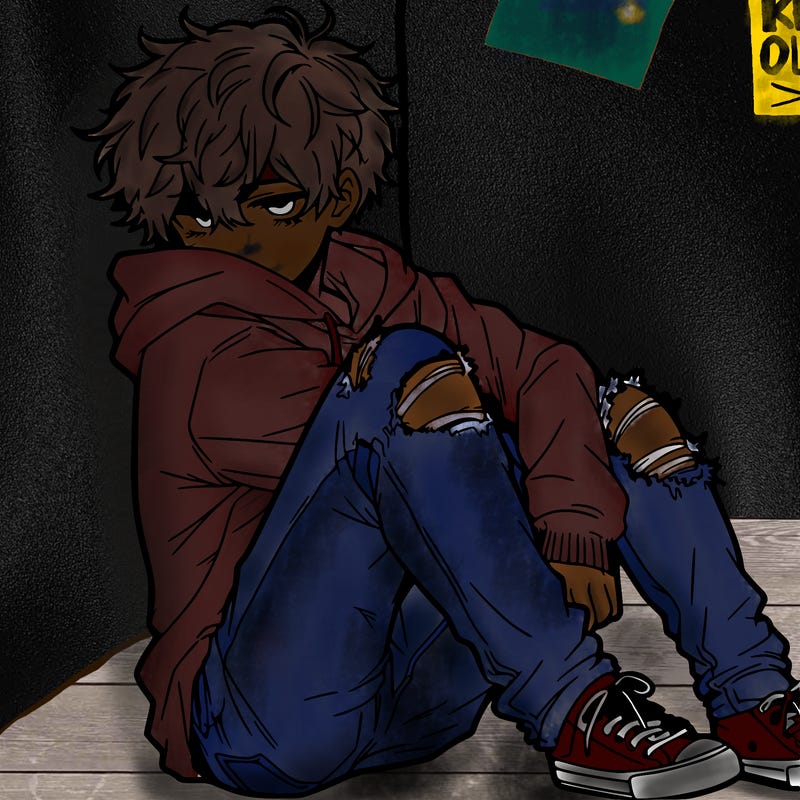 a male hoddie ripped jeans messy hair anime