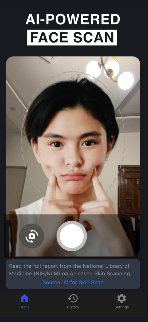 Skin Care Scanner : Ai Routine - A mobile interface for an AI-powered face scan in a skin care app showing a person aligning their face within an oval guide for analysis.