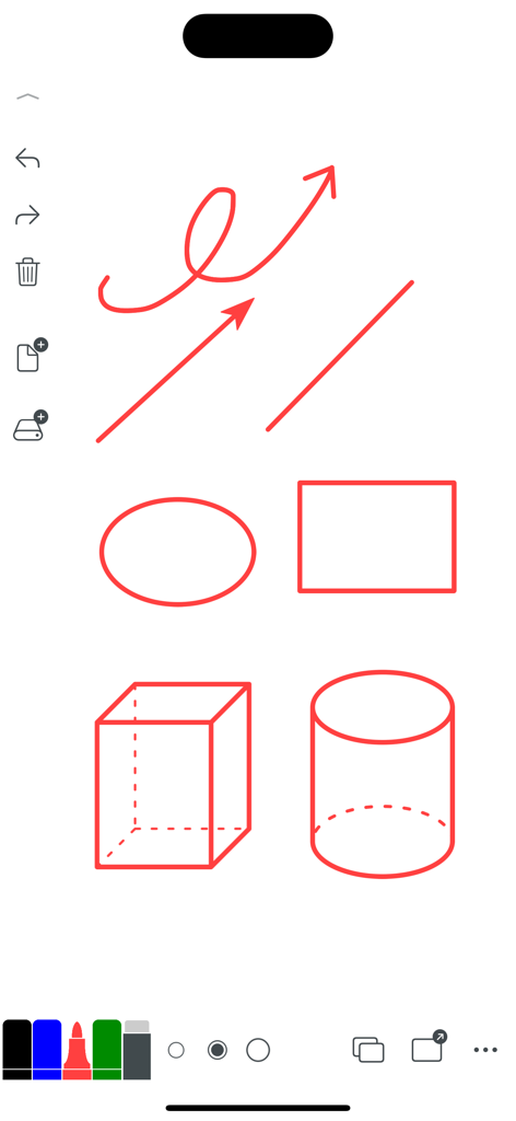 Digital whiteboard interface showing hand-drawn geometric shapes and arrows in red ink.
