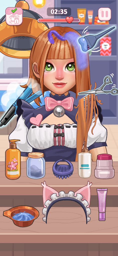 Cosplaydom - Uma personagem de anime passando por uma transformação de cabelo com tinta azul e ferramentas de styling no aplicativo Cosplaydom