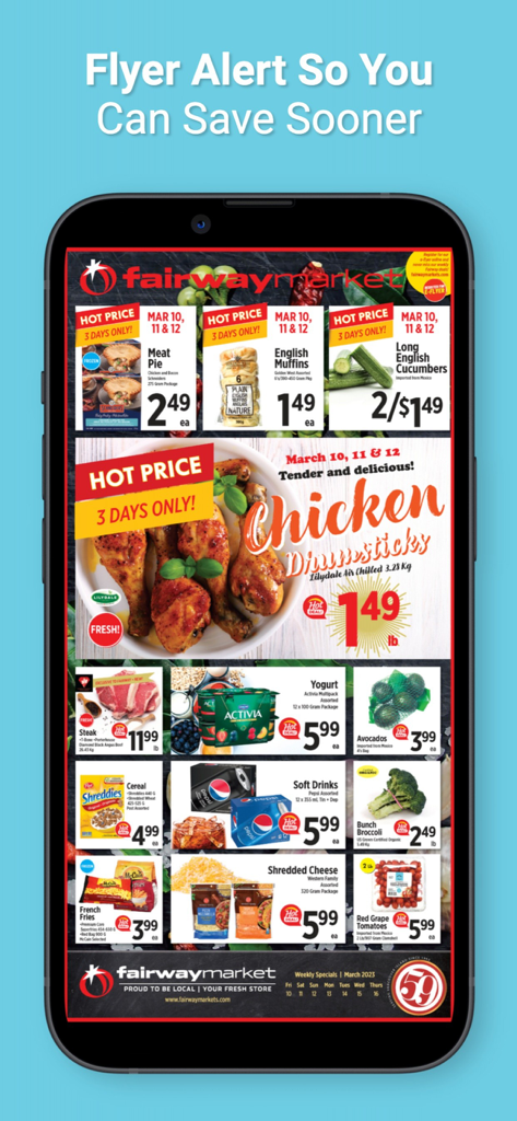 Uma tela de smartphone exibindo o folheto semanal da Fairway Market com várias ofertas e economias de supermercado.