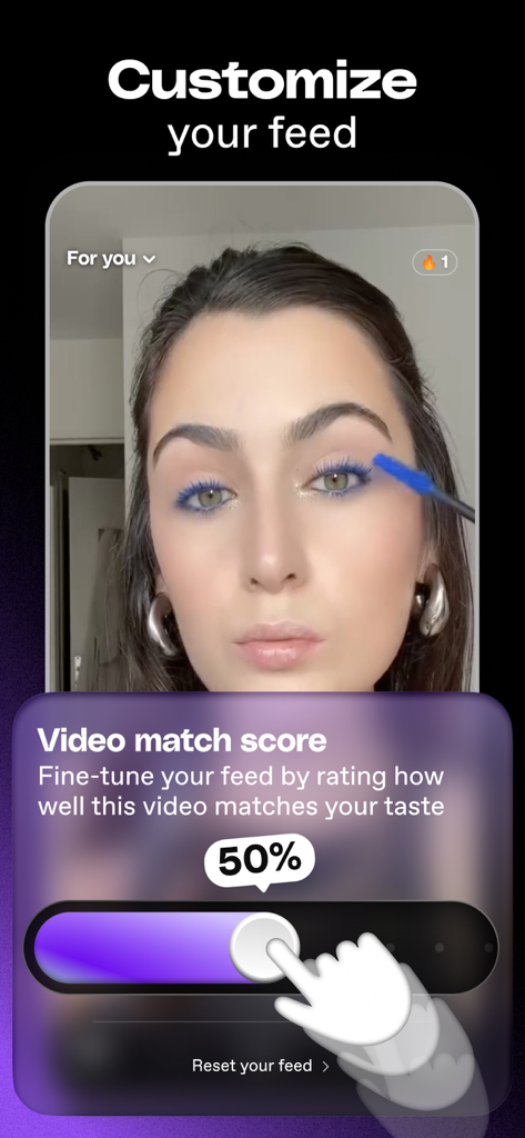 Dailymotion app screen showing the Video match score slider to customize content feed
