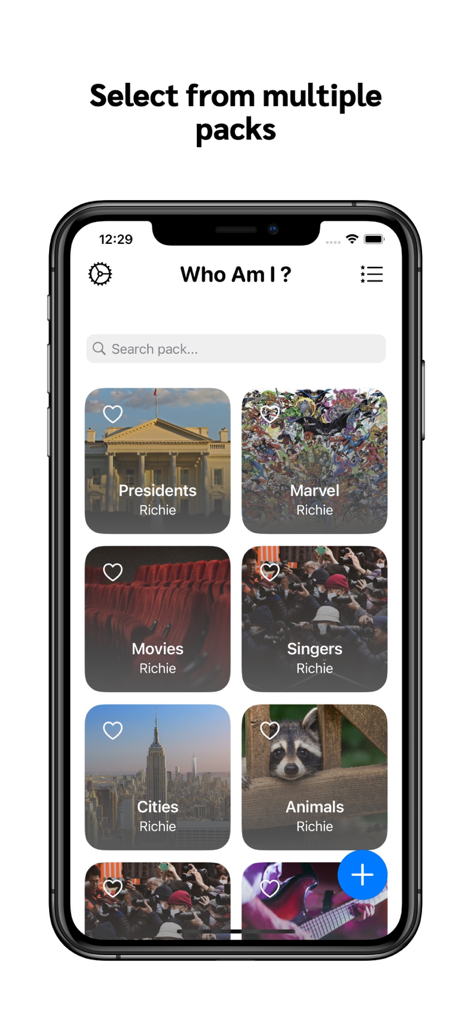 Who am I? - Party Game - App interface showing multiple category packs like Presidents Marvel and Movies in the Who Am I party game