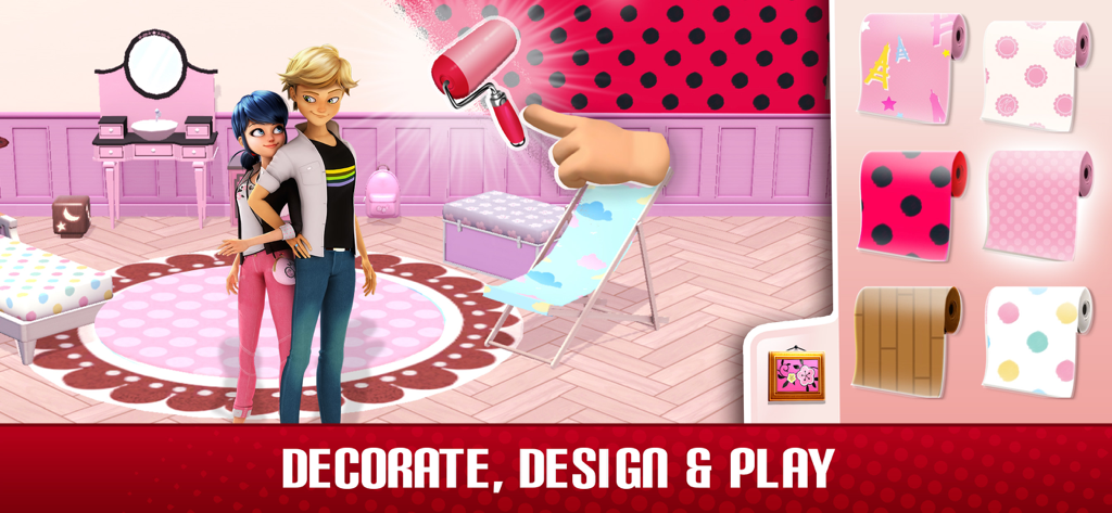 Miraculous Ladybug Life - Marinette e Adrien decoram um quarto com papel de parede de bolinhas em Miraculous Ladybug Life.