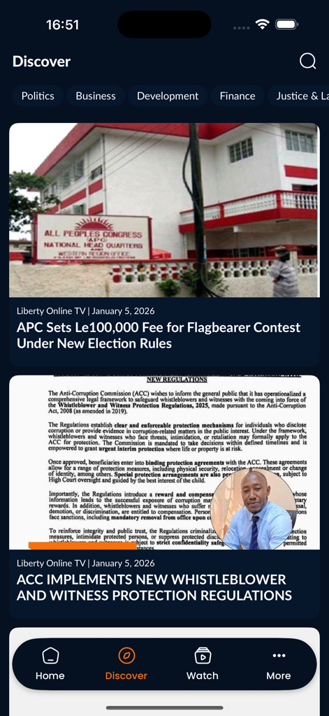 Screenshot of the Discover section in the Liberty Online TV app displaying Sierra Leone news articles