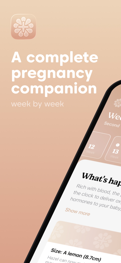 Nine+ Pregnancy Tracking - Interfaz de la aplicación de rastreo de embarazo Nine Plus que muestra el desarrollo semanal del bebé y comparaciones de tamaño