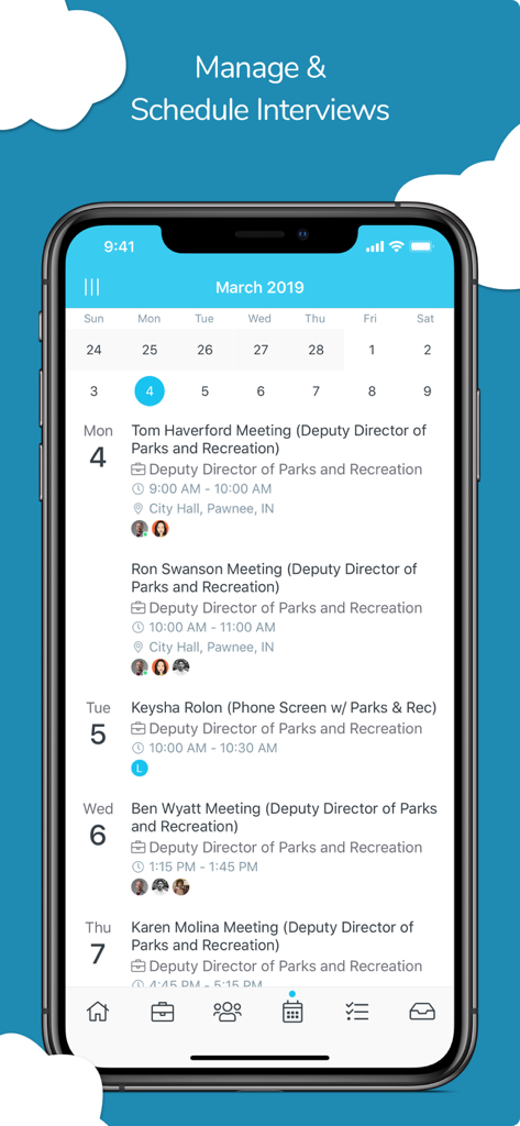 Breezy HR mobile app interface showing a detailed calendar for managing and scheduling candidate interviews