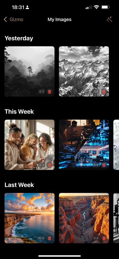 Una galería de imágenes generadas por IA en la aplicación Gizmo Evo organizada por categorías de tiempo como ayer y esta semana.