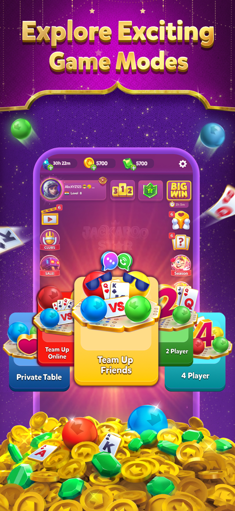 Jackaroo Star-Fastest Jackaroo - ジャカロー・スターアプリの画面。チームアップオンラインとプライベートテーブルを含むさまざまなゲームモードを表示しています