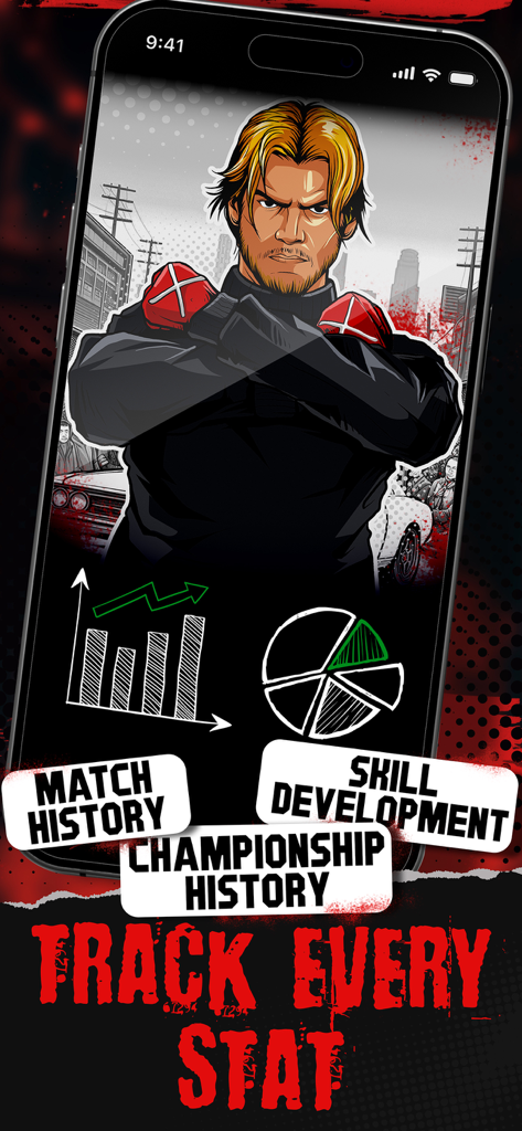 Wrestling GM - A wrestler character above analytics charts for match history, skill development, and championship history in the Wrestling GM app.