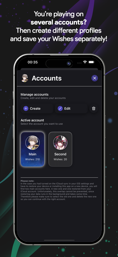 HSR WishCounter - Interface of the HSR WishCounter app showing how to manage and switch between multiple account profiles to track wishes separately