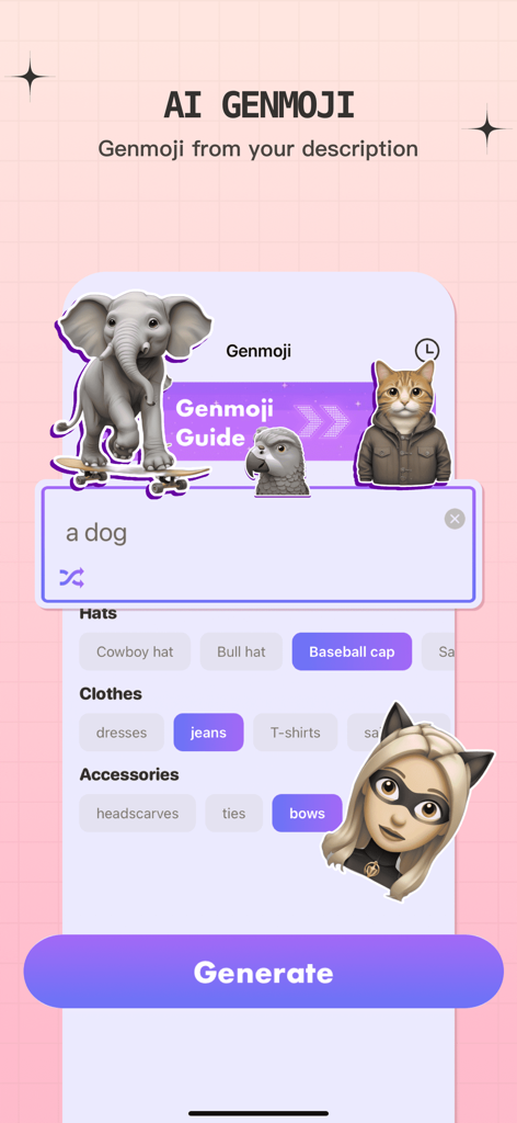Interface do aplicativo para criar stickers Genmoji com IA a partir de prompts de texto com opções para selecionar chapéus, roupas e acessórios.
