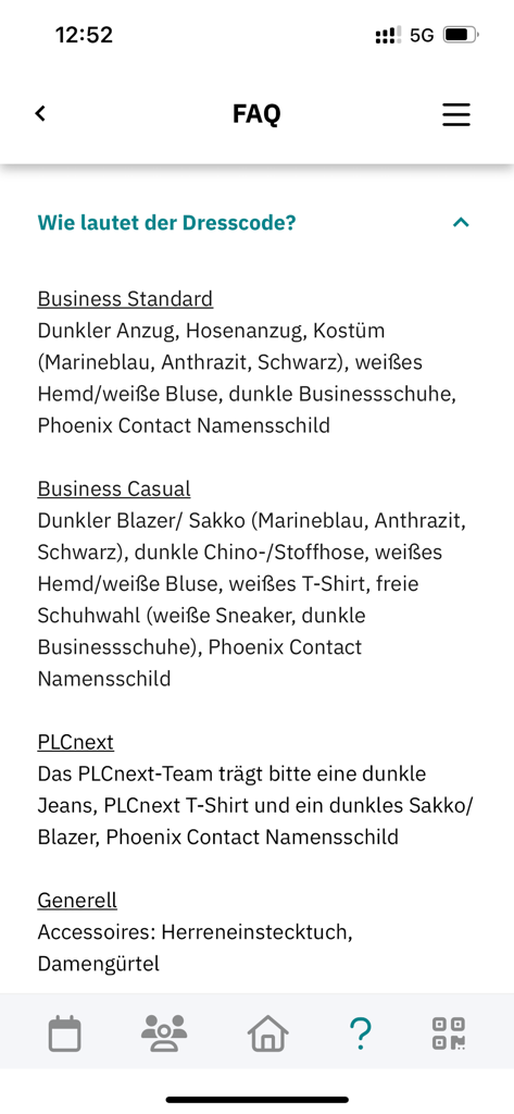 PHOENIX CONTACT Events - FAQ-Bildschirm der Phoenix Contact Events App mit Richtlinien zum Dresscode für Teilnehmer.