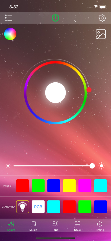 HappyLighting app interface featuring a circular RGB color picker and brightness slider for smart home LED lighting