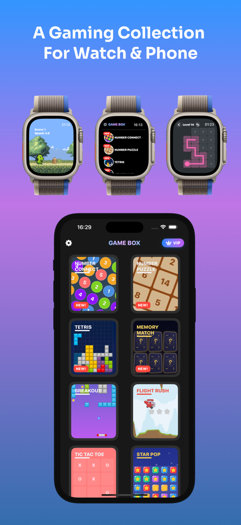 Game Box app interface showing a collection of arcade games on Apple Watch and iPhone