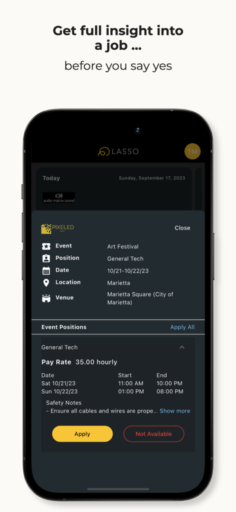 LASSO Mobile app interface showing job details for an Art Festival including pay rate, position, and venue location.