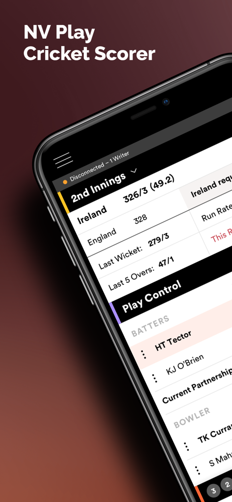 NV Play Cricket Scorer - Live cricket match scoring interface on NV Play Cricket Scorer app.