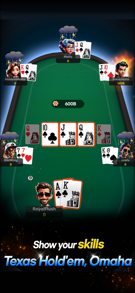 AA Global:Texas Holdem,Omaha - Mobile poker gameplay showing a Texas Holdem table with avatars and community cards in AA Global