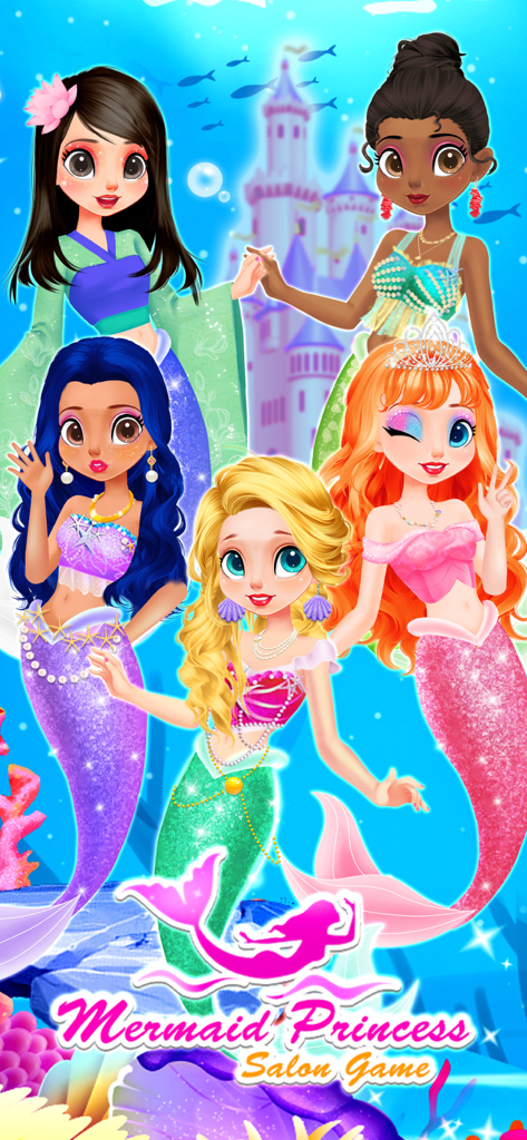 Princess Mermaid Makeup Games - Five diverse mermaid princesses in front of an underwater castle