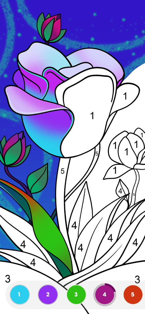 Paint by Number: Coloring Game - Digital coloring book interface showing a partially painted flower with numbered sections and a color palette at the bottom
