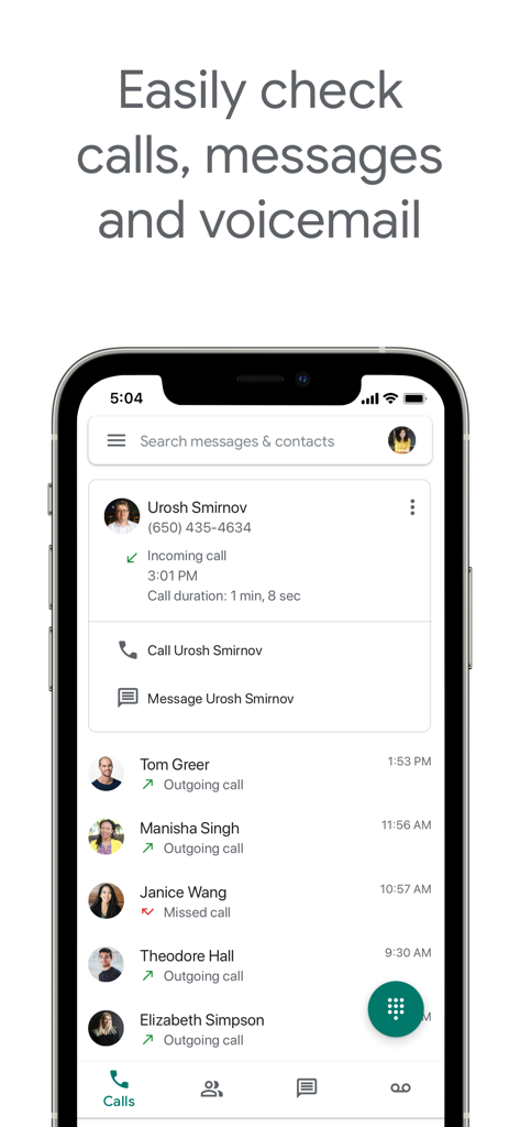 Google Voice app interface showing a list of recent calls and communication history