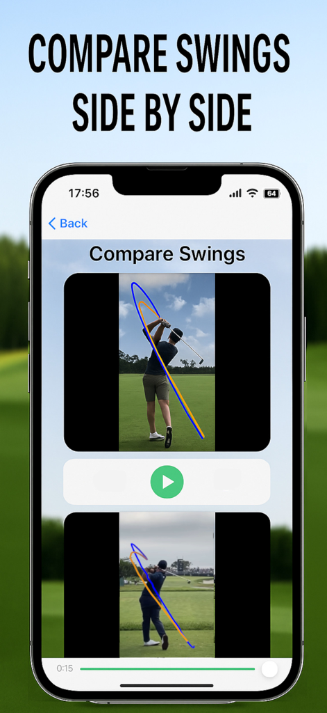 Golf Swing Analysis Pro - AI 샷 트레이서 경로가 있는 두 골프 스윙의 나란히 비교