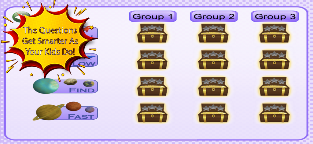 Rocket Reading Kids app menu showing game levels and reward chests with a text bubble highlighting adaptive difficulty