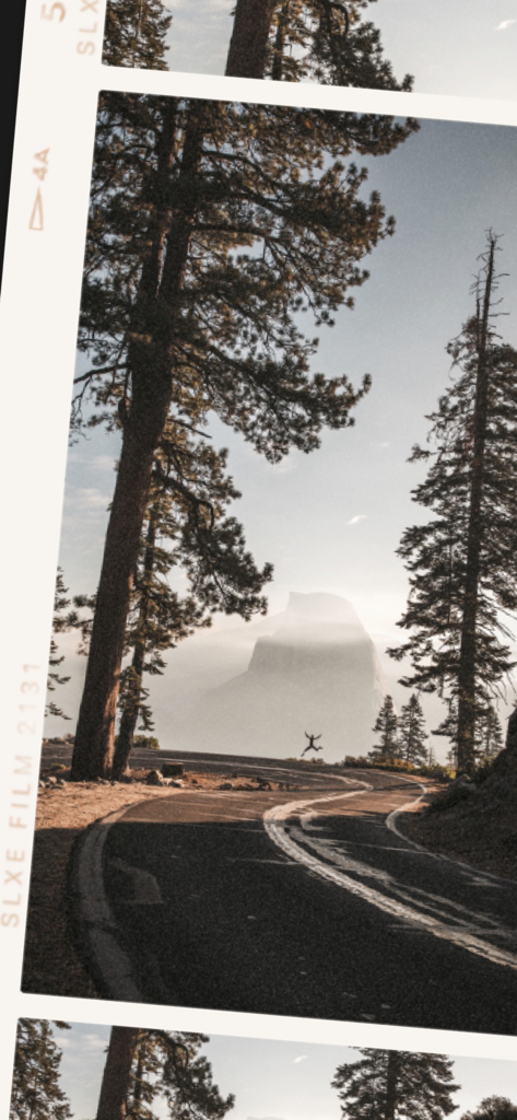 Storyluxe: Templates & Filters - Una plantilla estilo película vintage que muestra una carretera de montaña pintoresca y una persona saltando a la distancia