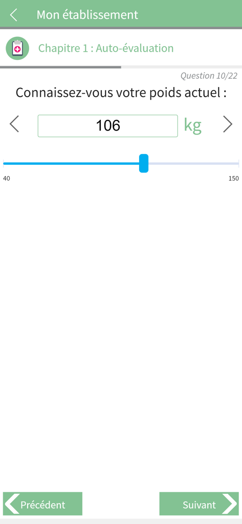 CHL At Home App-Bildschirm mit einem Schieberegler zur Eingabe des Gewichts für die Selbsteinschätzung des Patienten