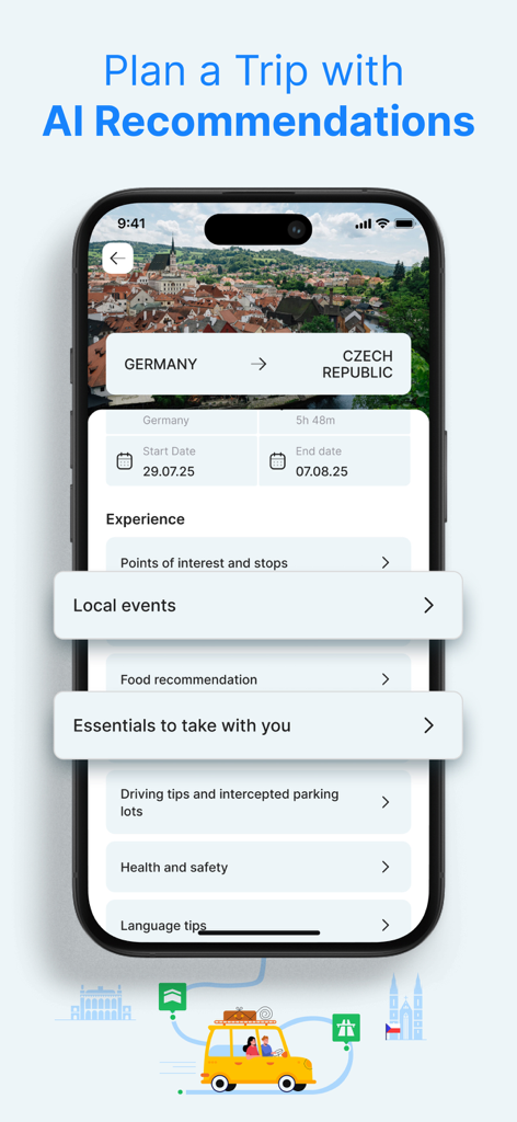 eTOLLs EU: Digital Vignettes - AI-powered trip recommendations for a road trip from Germany to Czech Republic on a mobile device.