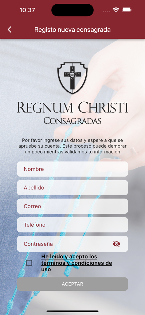 Registration screen for the Consagradas Regnum Christi mobile app featuring a signup form and religious imagery